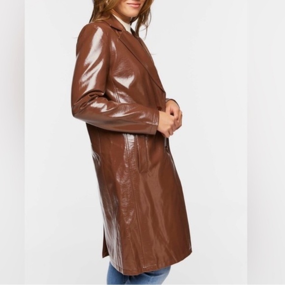 NWOT Forever 21 brown faux patent leather coat L - Picture 1 of 6